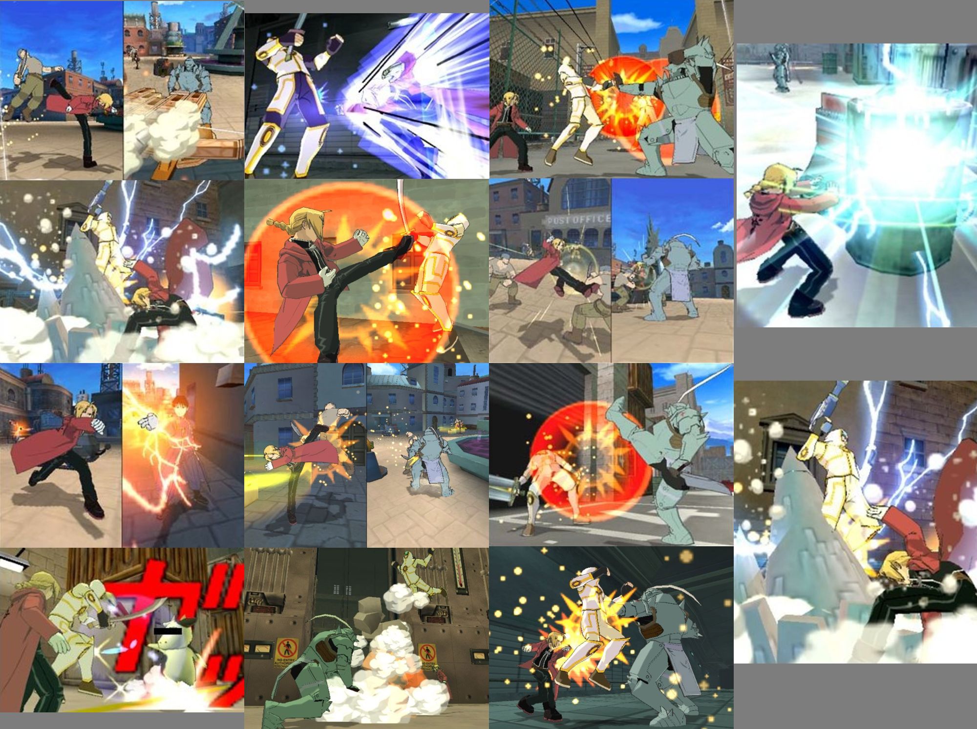 Prerelease screenshots that saw some circulation in inconsistent quality, assumed to originate from the FMA3 website. Plenty of articles borrow a couple, but the French website has them mostly gathered in one place at possibly original resolution.<br><br>Points of note include FMA2 Lior, apparent plans for story mode co-op, censored cow eyes, and an Ed/Roy co-op pairing (impossible in the final game, the strategy guide even teases about it). Impossible splitscreen footage of Ed and Al messing about in the Old Castle even graces the finished game’s attract sequence.