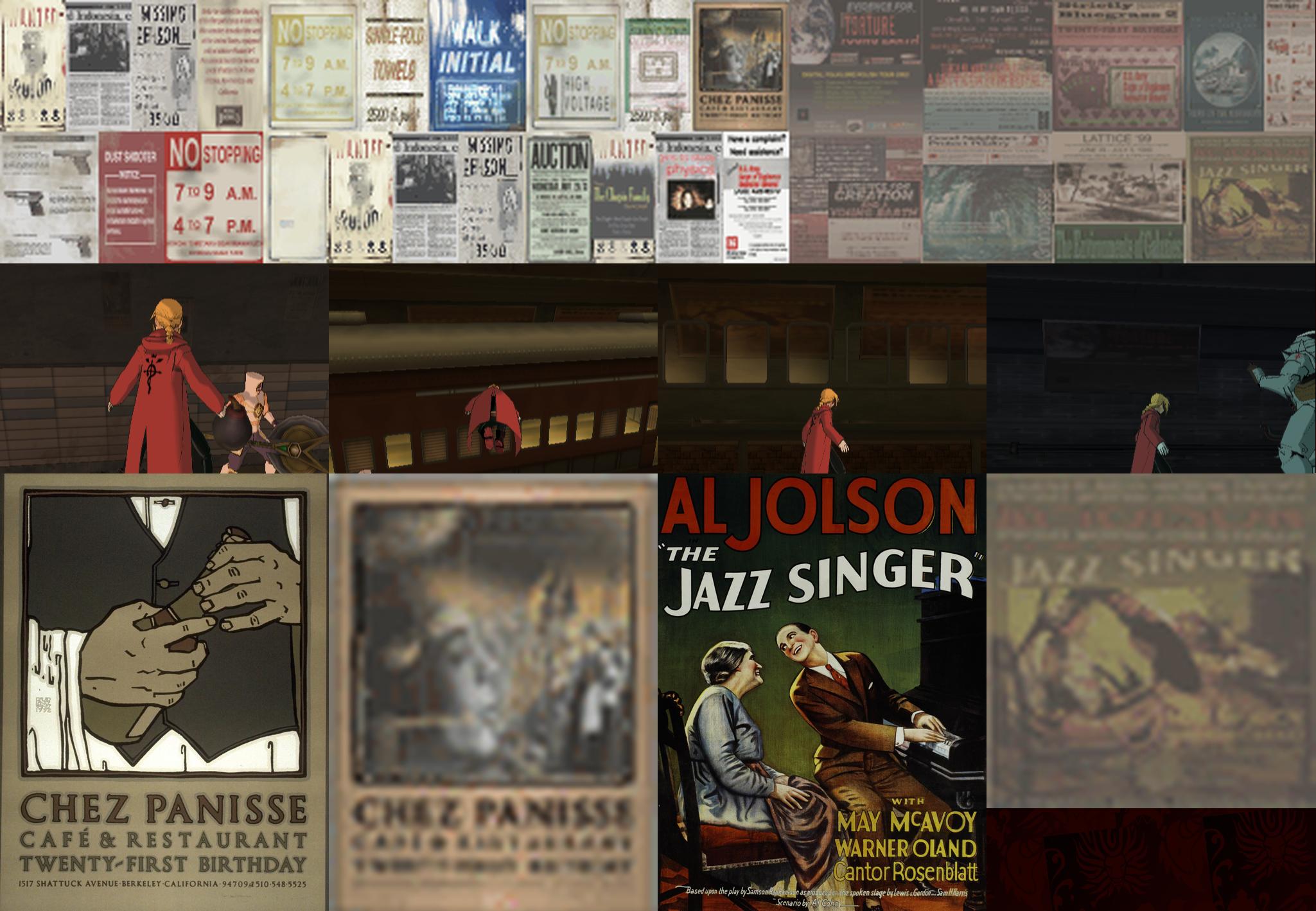 The subway textures sample some real-world posters, with other elements overlaid in an attempt to be sneaky about it. One for an American restaurant, another for 1927 film The Jazz Singer, and no doubt plenty that escape easy identification. This puts Al Jolson next to Nana Kitade in the list of real-world figures appearing in this game.<br><br>There are a few obscured by train carriages (Jazz Singer being one of them). You can see it in full by playing around with PCSX2’s texture replacement, or just catch the title by jumping high.<br><br>My favourite subway poster shows a blue marble not unlike our Earth labelled with the word “TORTURE” in red. I choose to interpret this as the canon name of the planet on which FMA is set.