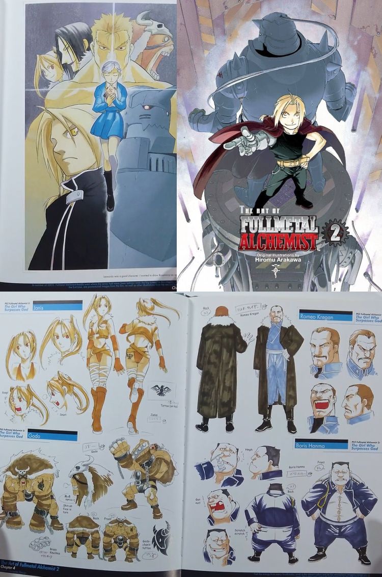 The Art of Fullmetal Alchemist 2 (being a sequel to another artbook, not an artbook for FMA2) has a clean copy of the novelisation cover and some character concept art. It also had an English release (with some not-fabulous character name romanisations).